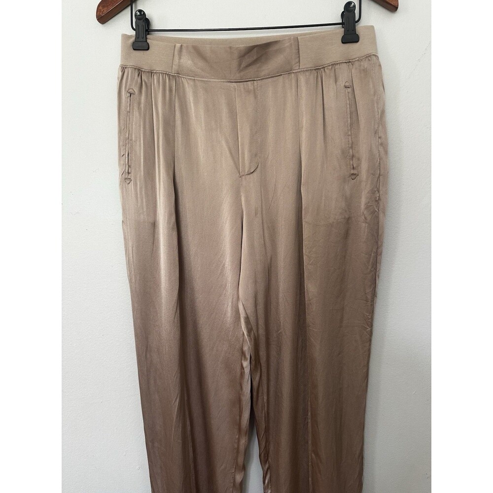 ATM Women's Beige Silk Pleated Ankle Pants Lightweight Tapered Casual - Picture 3 of 5